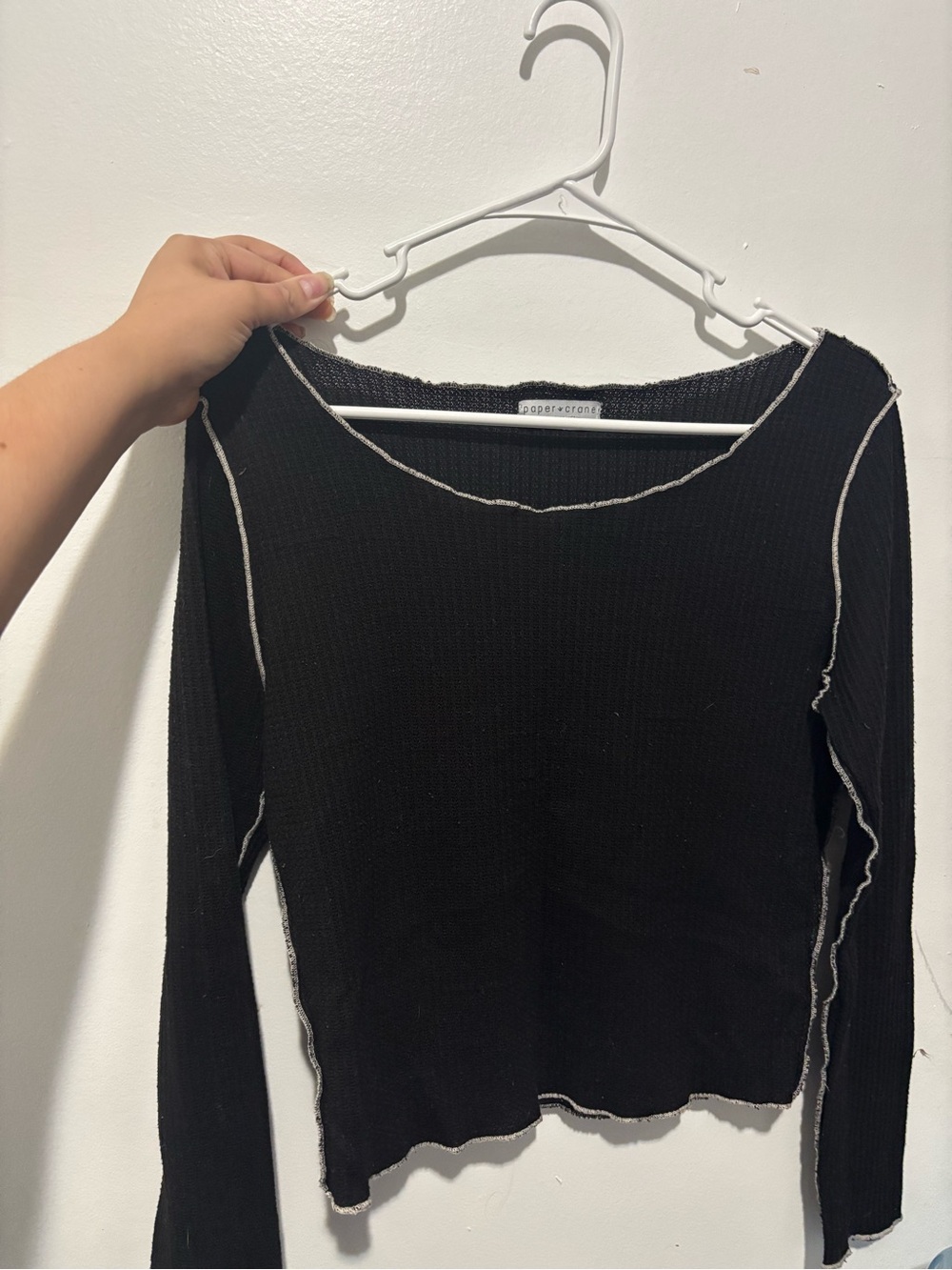 Black Long Sleeve Ribbed Top with White Contrast Trim